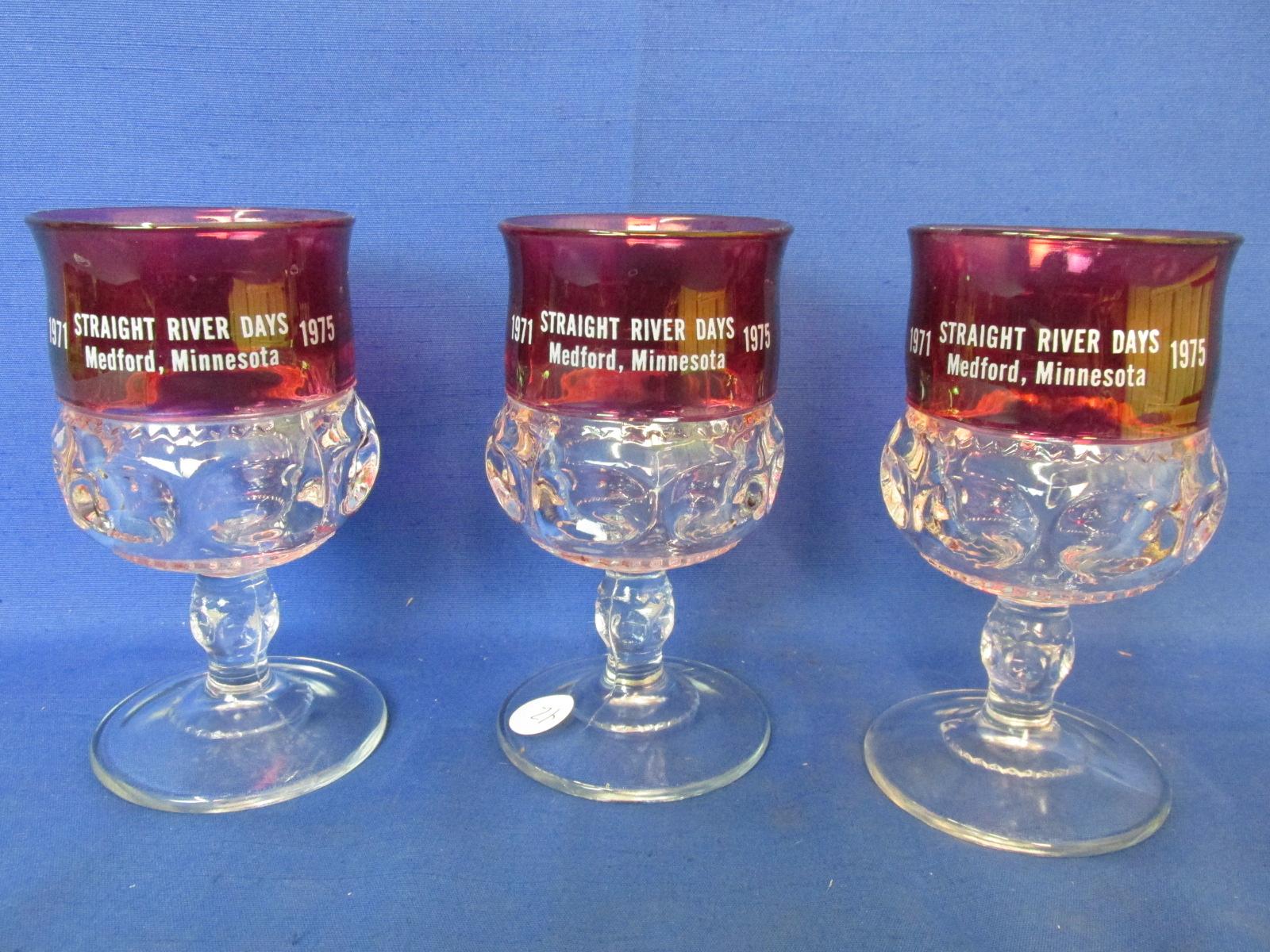 3 Vintage Cranberry Flashed Goblets – “1971 Medford, MN  Straight River Days”