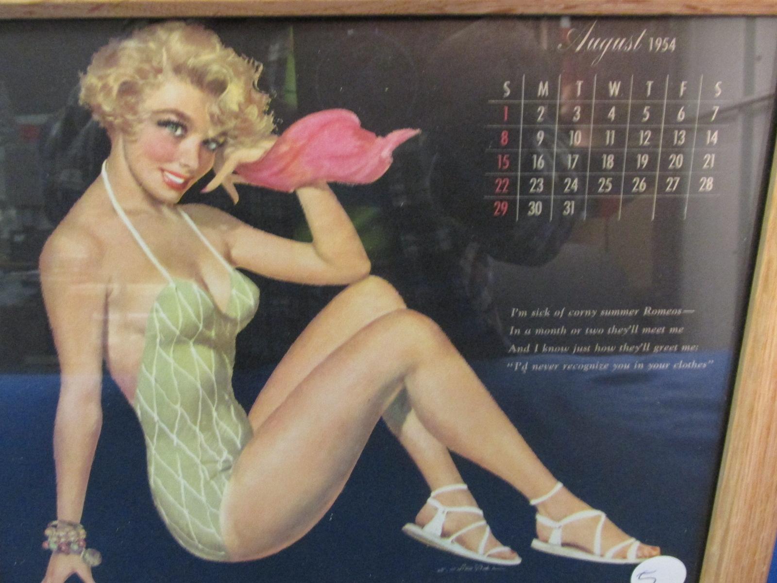 Framed Vintage Pin-Up  Calendar Page: August  1954 11 1/4” X 9 1/4”