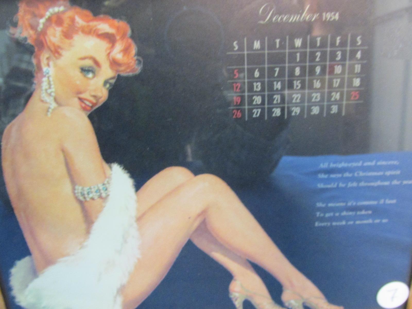 Framed Vintage Pin-Up  Calendar Page: December  1954 11 1/4” X 9 1/4”