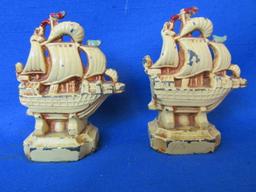 2 Cast Metal Spanish Galleons – 3 Masts & Jibs filled with Wind – 3 1/4” T each