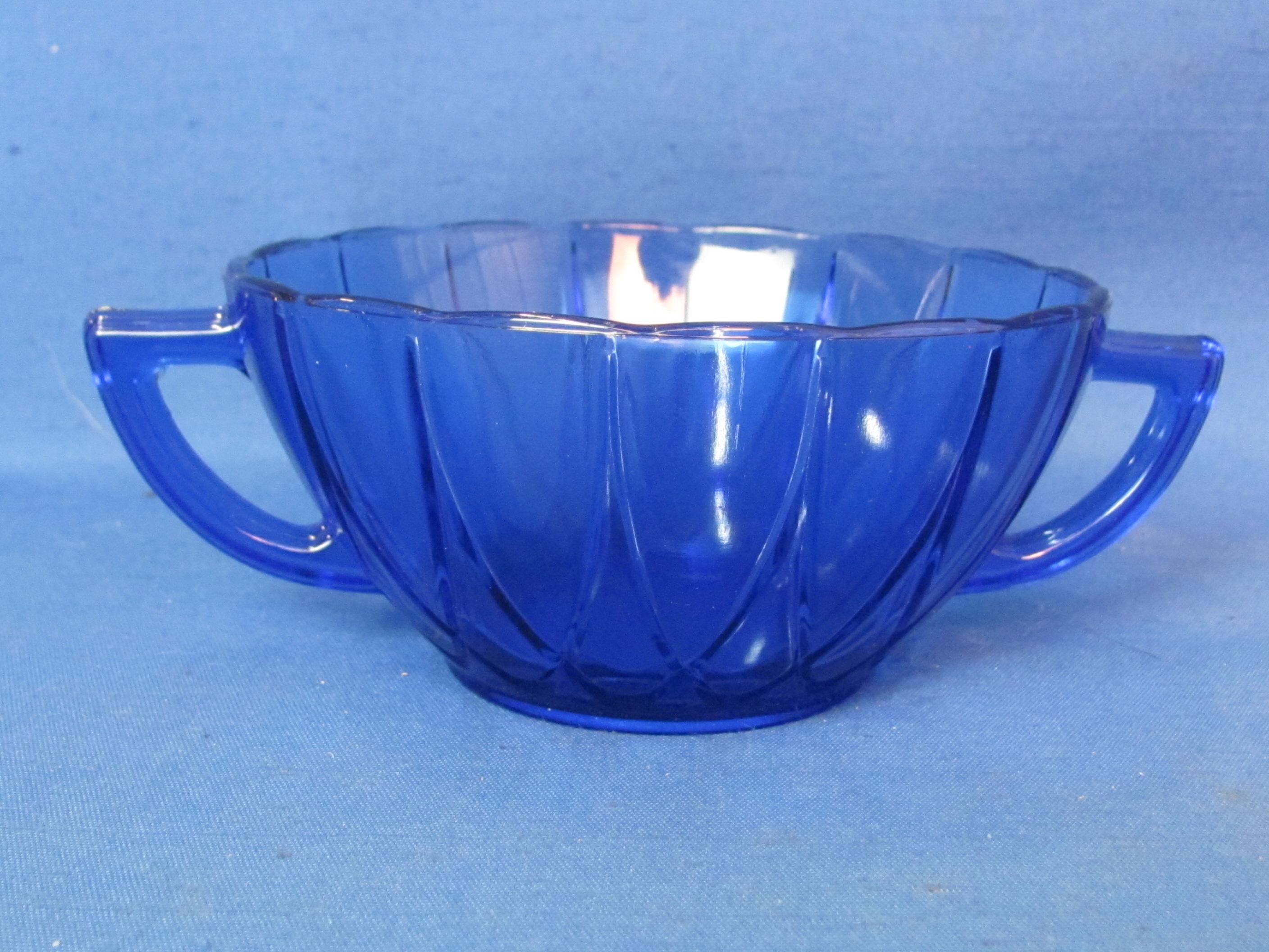 Blue Glass: 2 Tea Light Candle Holders, Handled Bowl, Small Cup