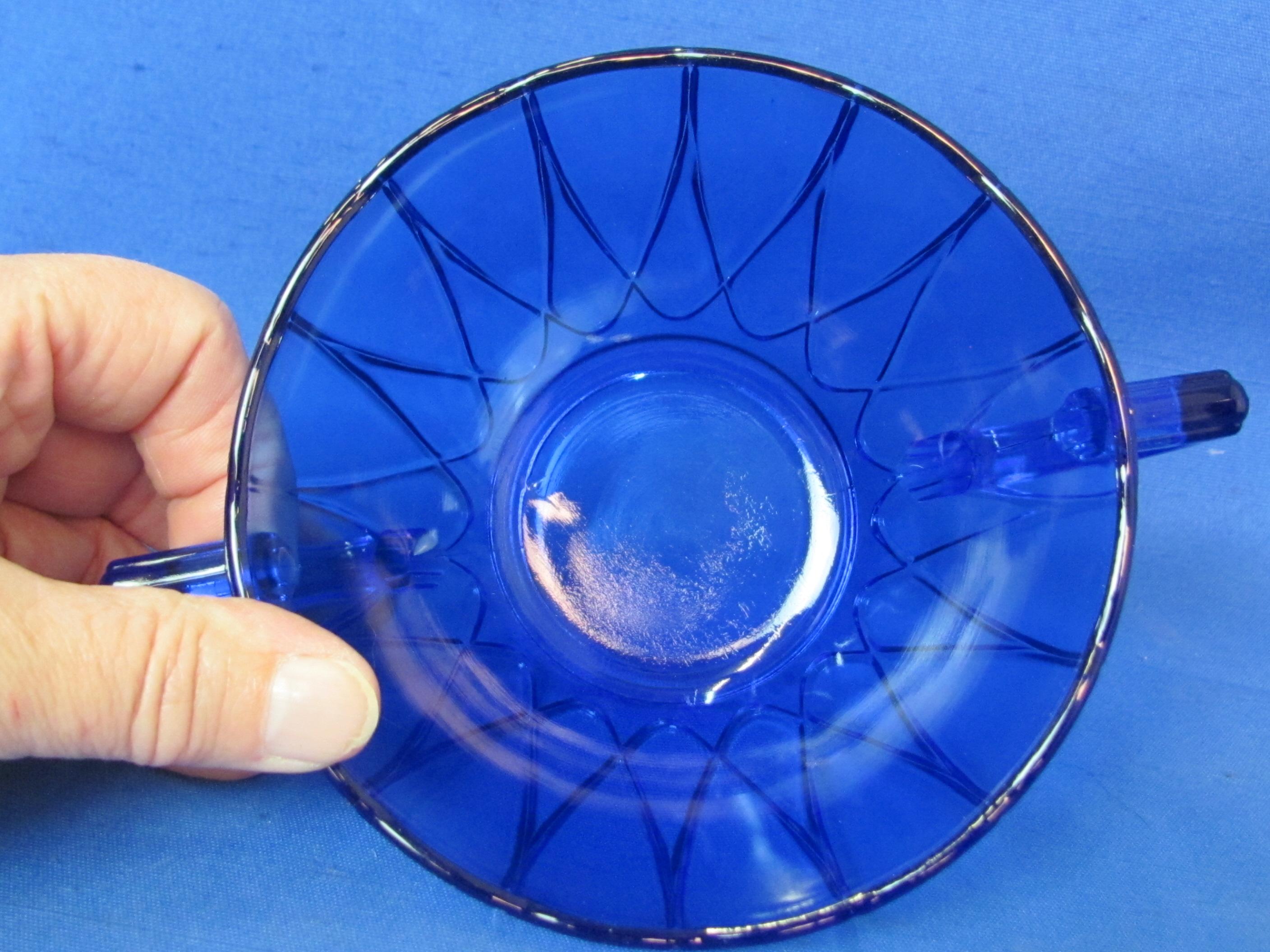 Blue Glass: 2 Tea Light Candle Holders, Handled Bowl, Small Cup