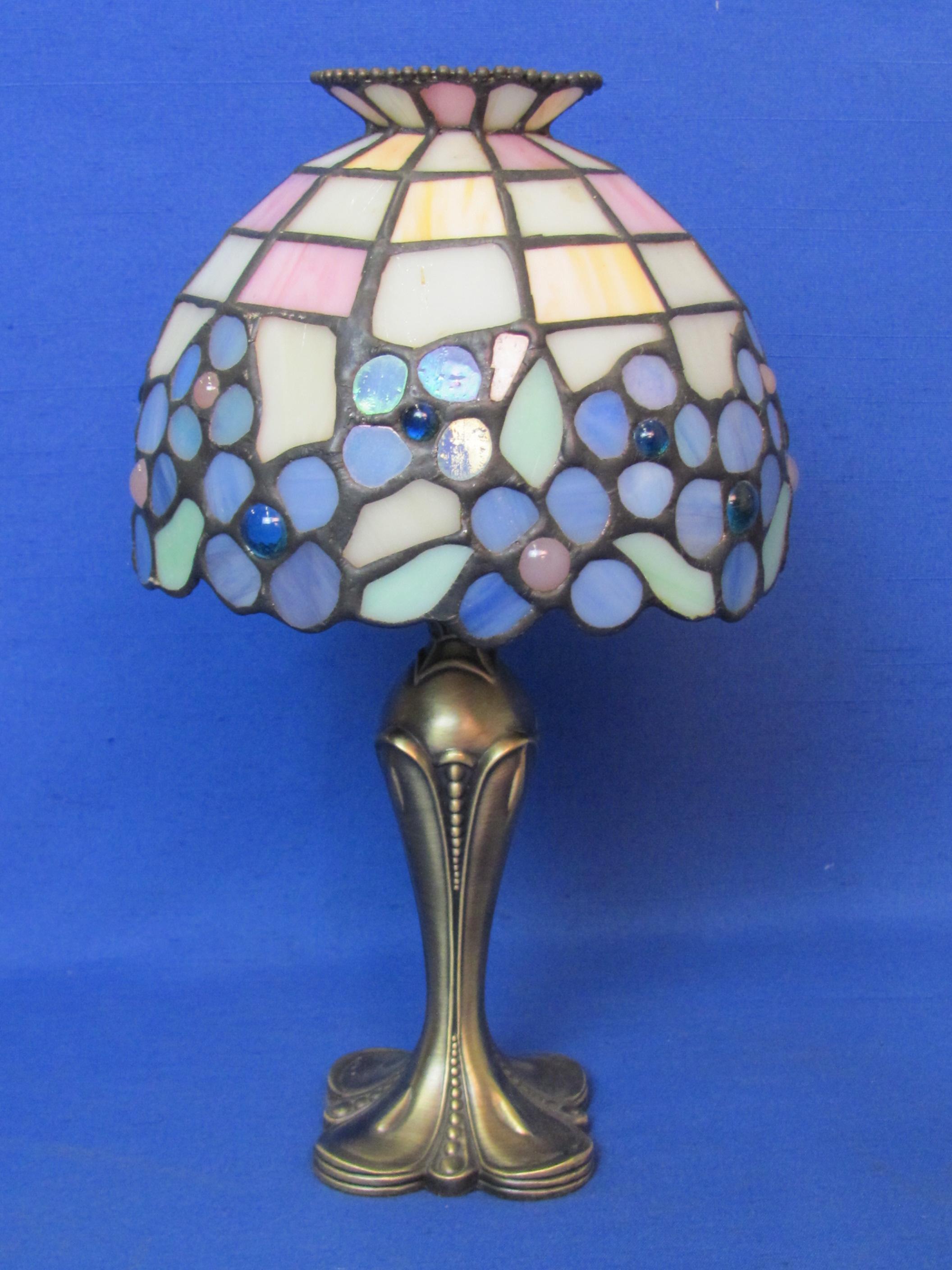 Metal Tea Light Candle Holder with Stained Glass Shade in Blues/Purples – 10” tall