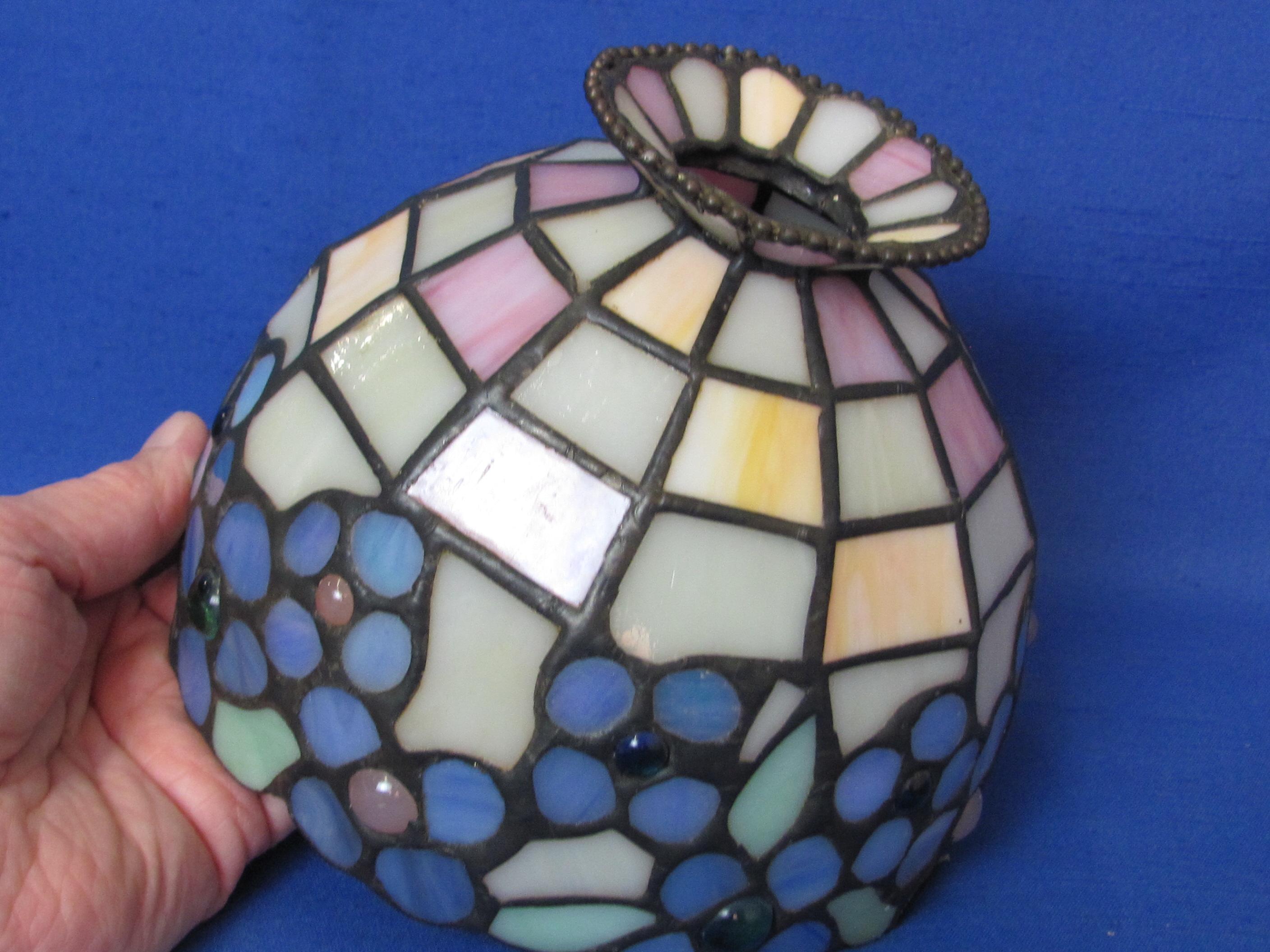 Metal Tea Light Candle Holder with Stained Glass Shade in Blues/Purples – 10” tall