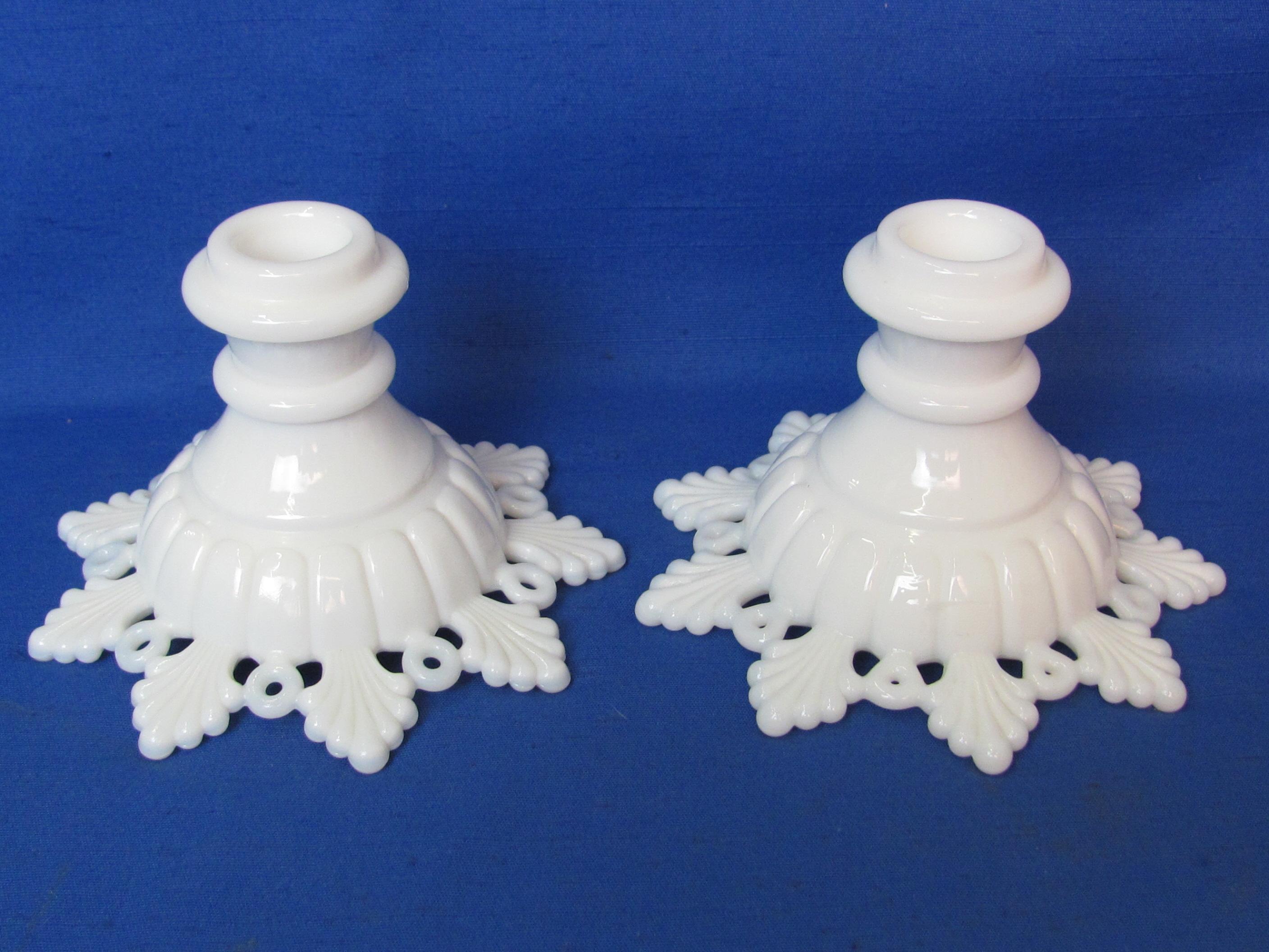 Pair of Westmoreland Candlesticks – Ring & Petal in Milk Glass – 3 1/2” tall