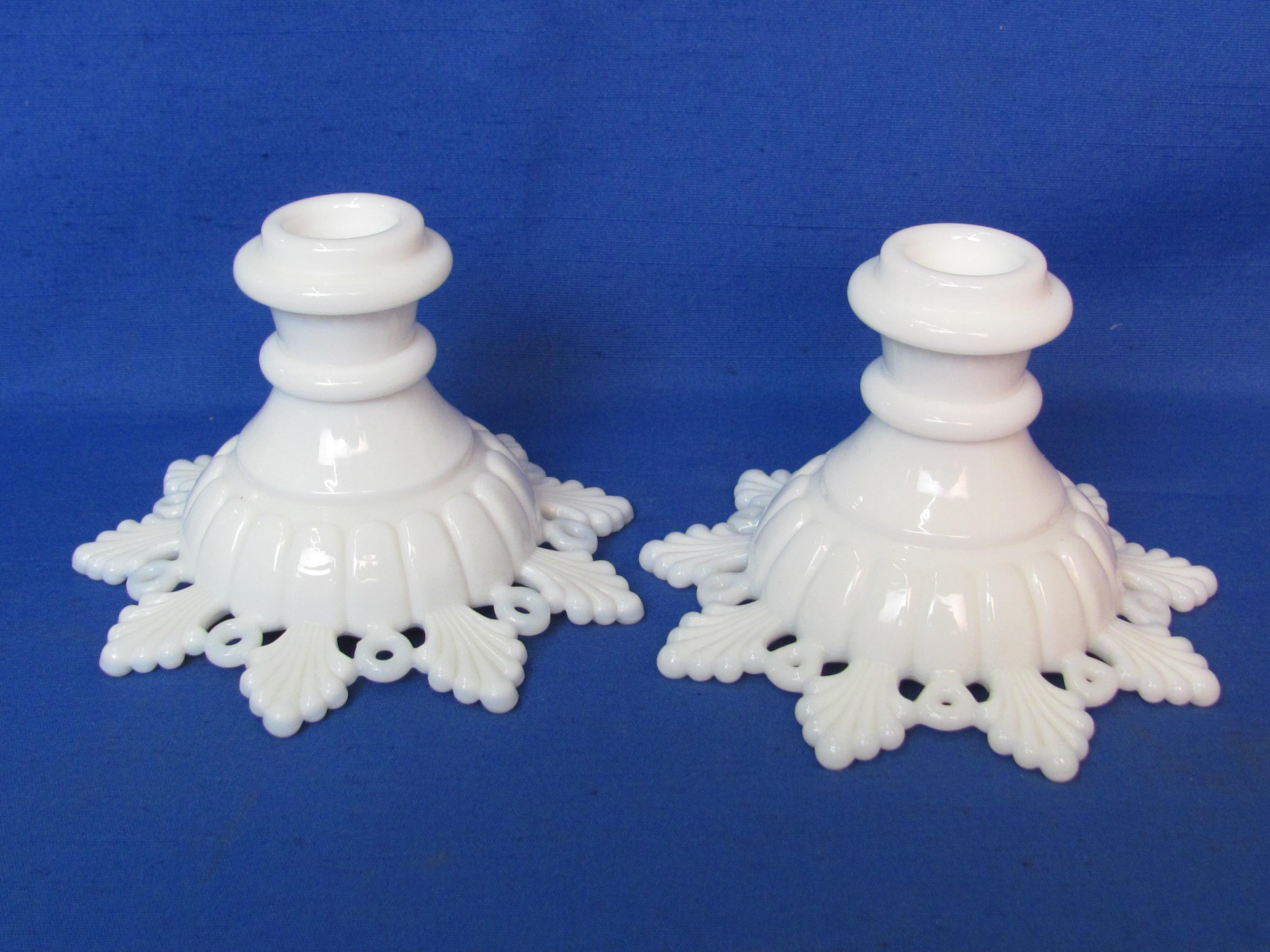 Pair of Westmoreland Candlesticks – Ring & Petal in Milk Glass – 3 1/2” tall
