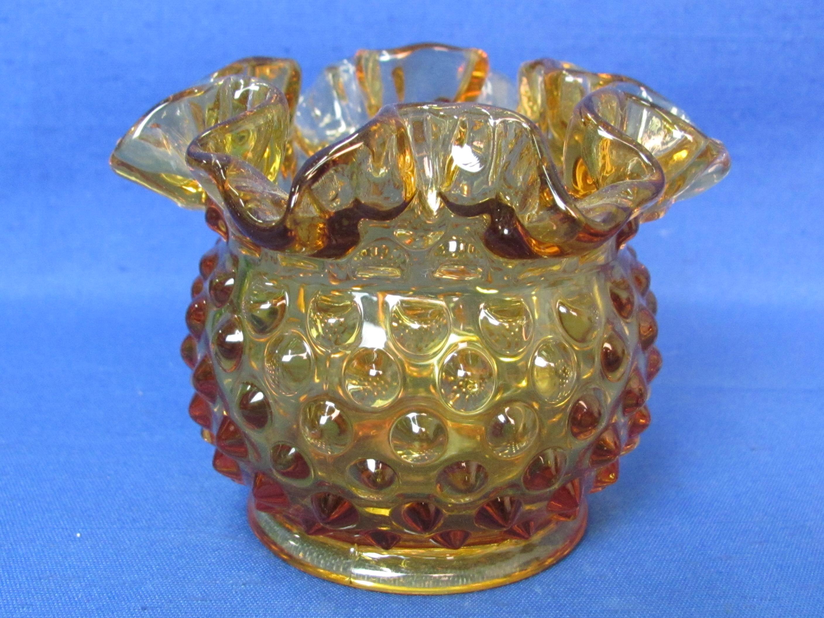 Small Fenton Glass Amber Hobnail Vase & French Opalescent Creamer – Taller is 3”