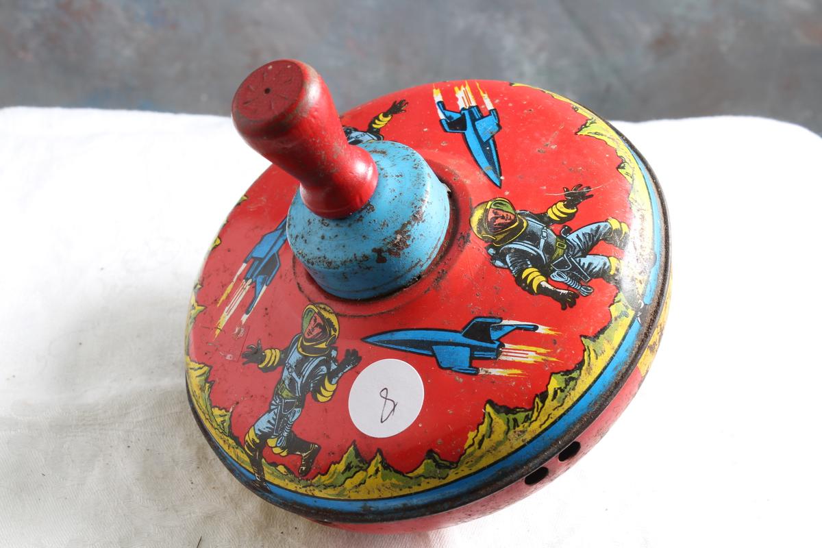 Vintage Outer Space Astronauts & Rockets Metal Spinning Top Working Order