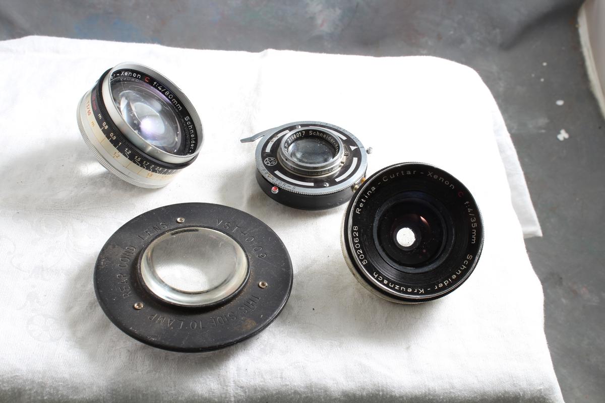 4 Vintage Camera Lenses Schneider-Kreuznach Radionar 1:4.5/105, Retina-Curtar-