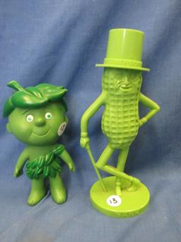 Vintage Advertising Characters:  8 1/2” T Mr. Peanut Green Plastic Bank & 7” T Sprout