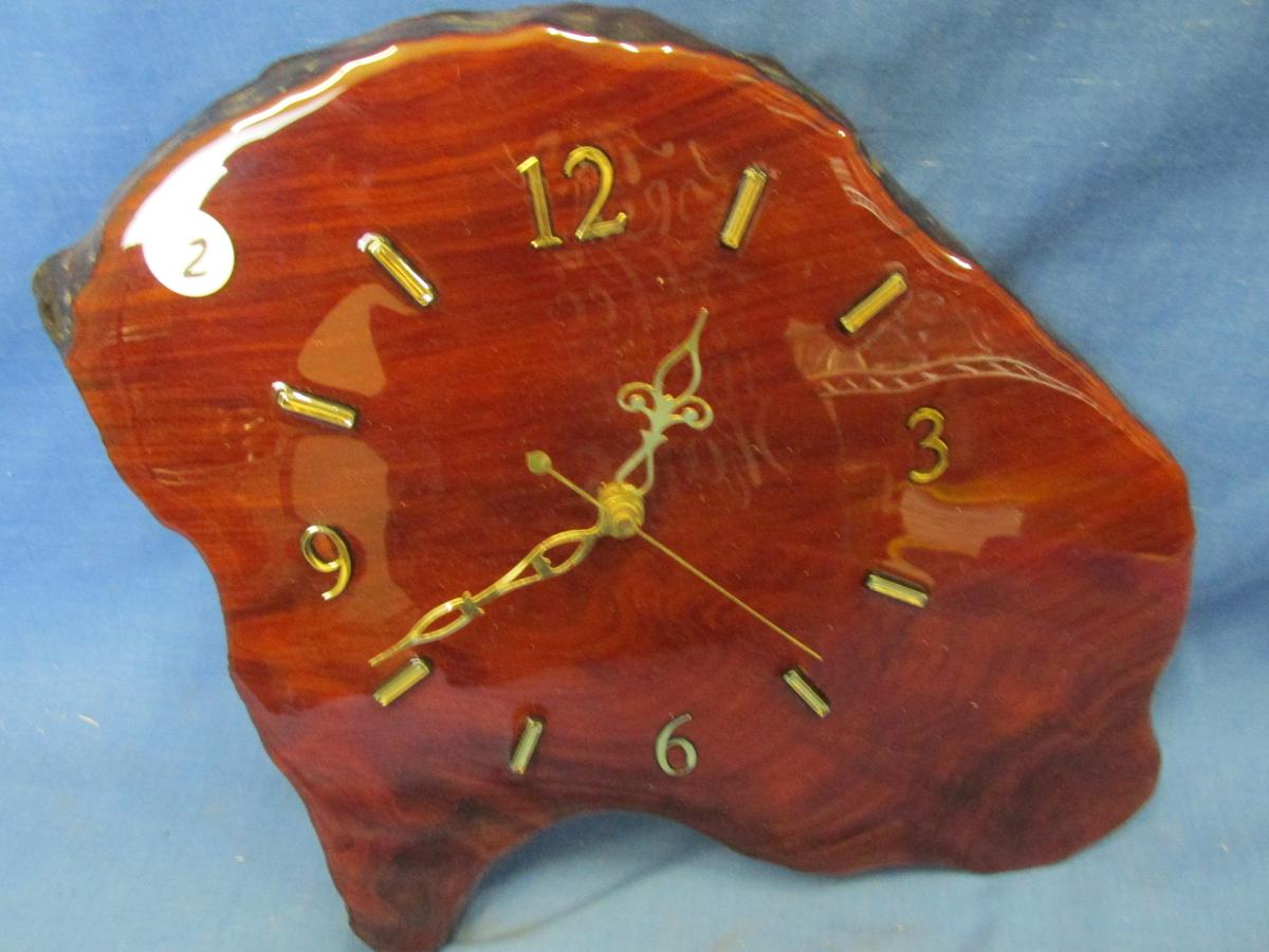 Tree Slice Wall Clock – 10 1/2” T x 13” W – 1” Thick Piece of tree trunk – Varnished