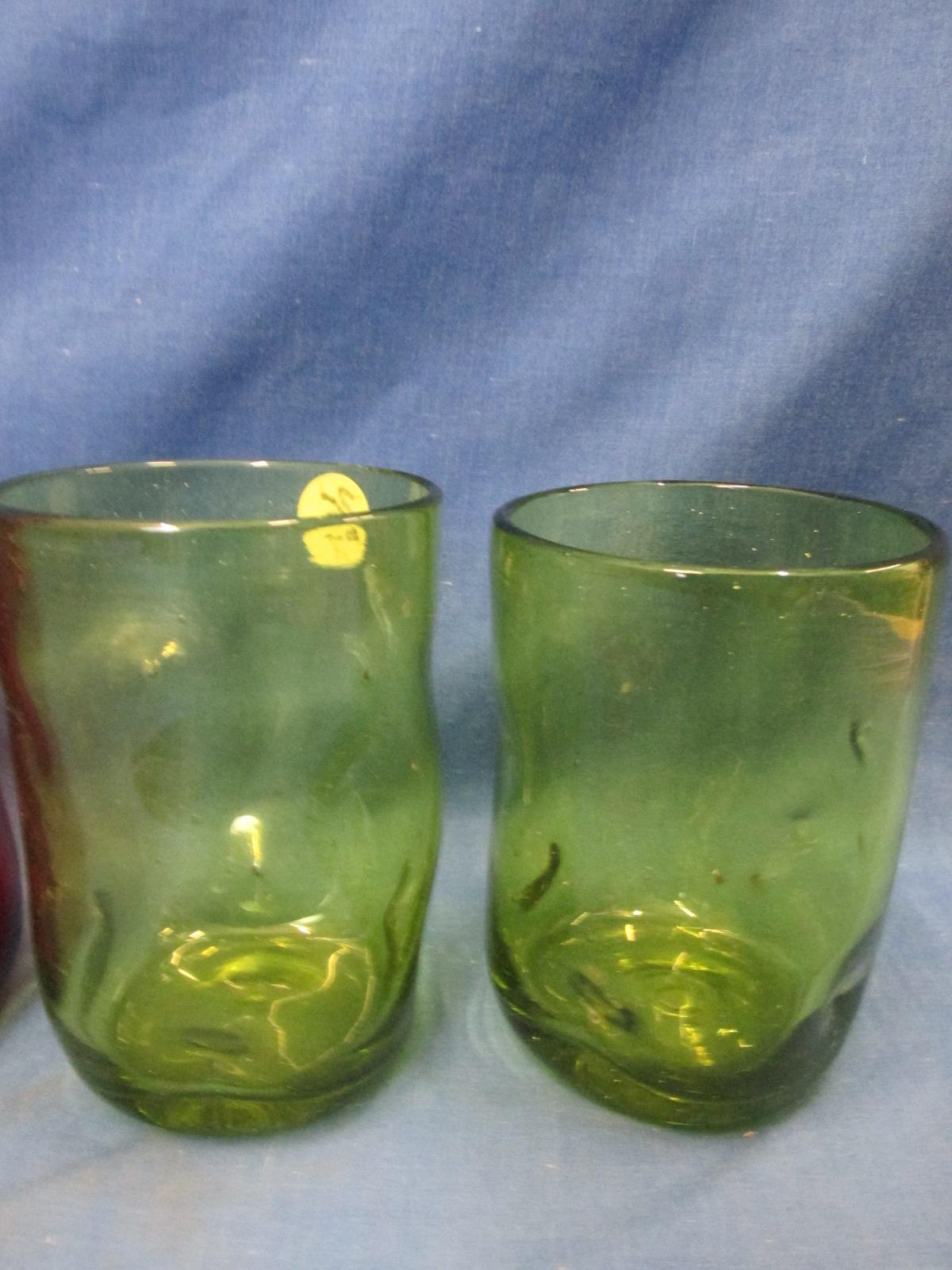 2 Vintage Ruby & 2 Vintage Green Glass – Hand Crimped Tumblers 4 1/2” T