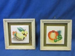 2 Framed  3” Square Tiles Painted with Fruit – Vintage 1950's Japan