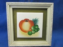 2 Framed  3” Square Tiles Painted with Fruit – Vintage 1950's Japan
