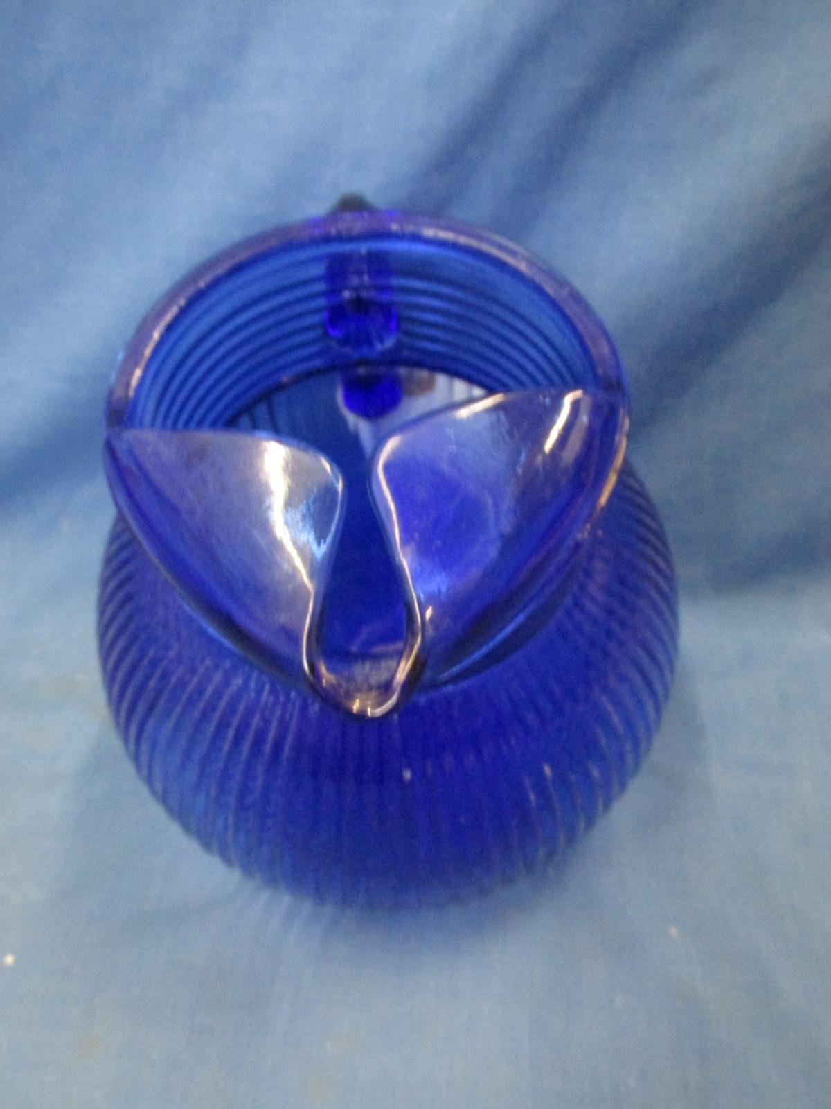 30's Depression Glass Horizonal Vertical Rib Cobalt Blue Ball Pitcher w/ Ice Lip