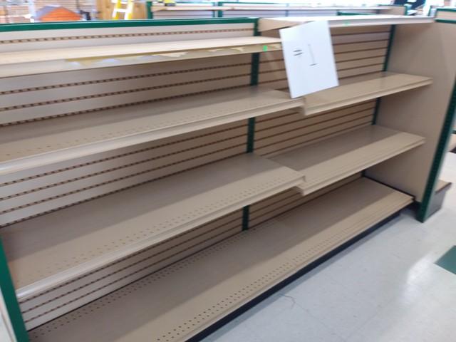 Lozier Retail Shelving 54" High Double Sided, Hunter Green Steel Framing and Tan Shelves/Pegboard