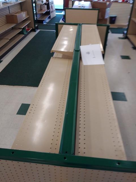 Lozier Retail Shelving 54" High Double Sided, Hunter Green Steel Framing and Tan Shelves/Pegboard