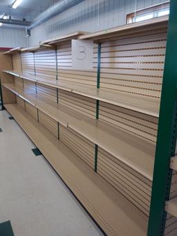 Lozier Retail Shelving 72" High Double Sided, Hunter Green Steel Framing and Tan Shelves/Pegboard