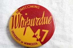 1947 U of M Gophers vs Purdue Homecoming Pinback Whipurdue