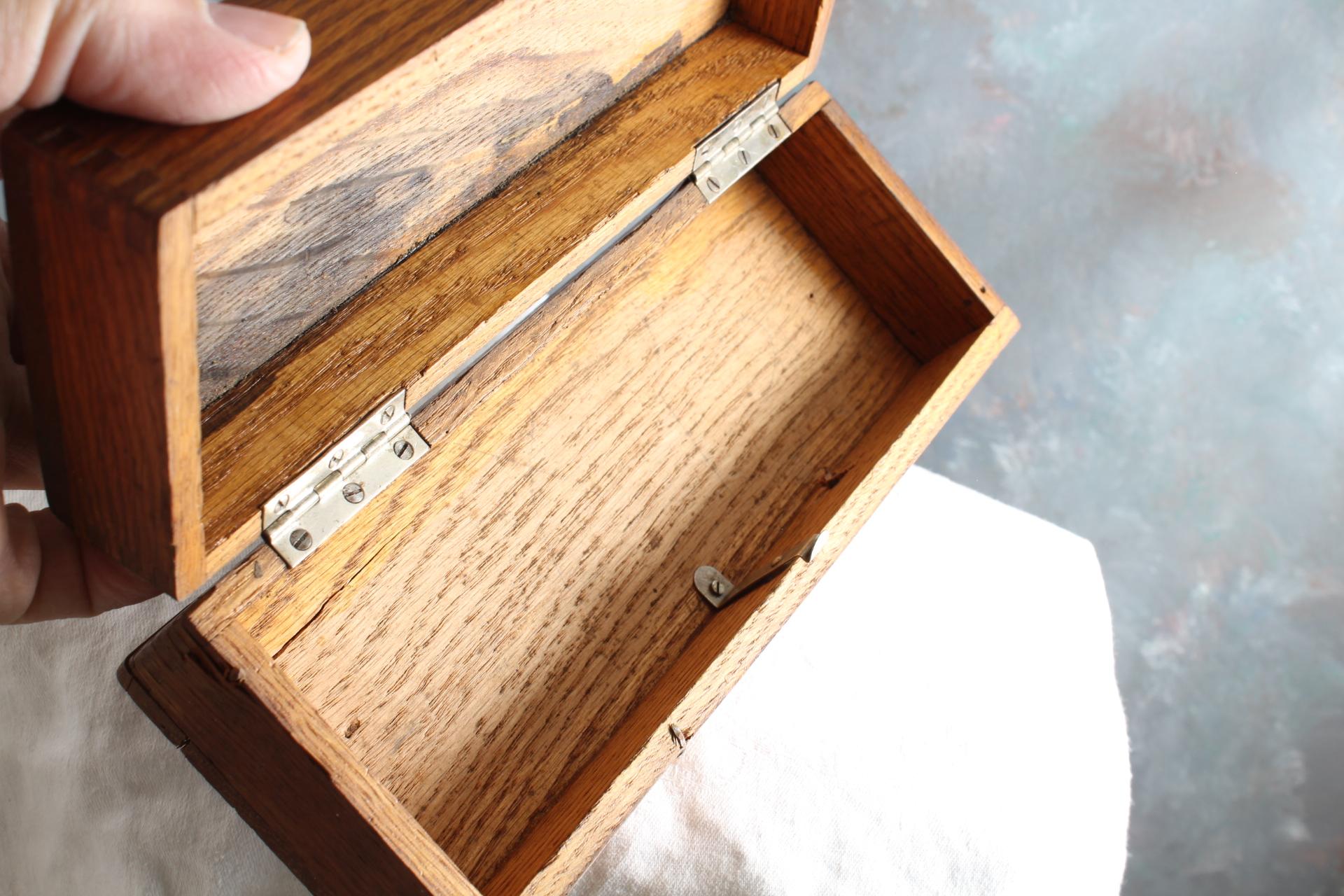 Primitive Dovetailed Wooden Pencil or Pen & Ink Desk Box Push Button Opening