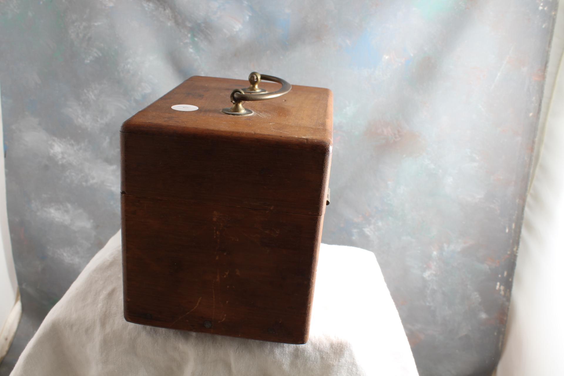 Primitive Wooden Box with Brass Hardware - Marked Schuck L.O. Inside