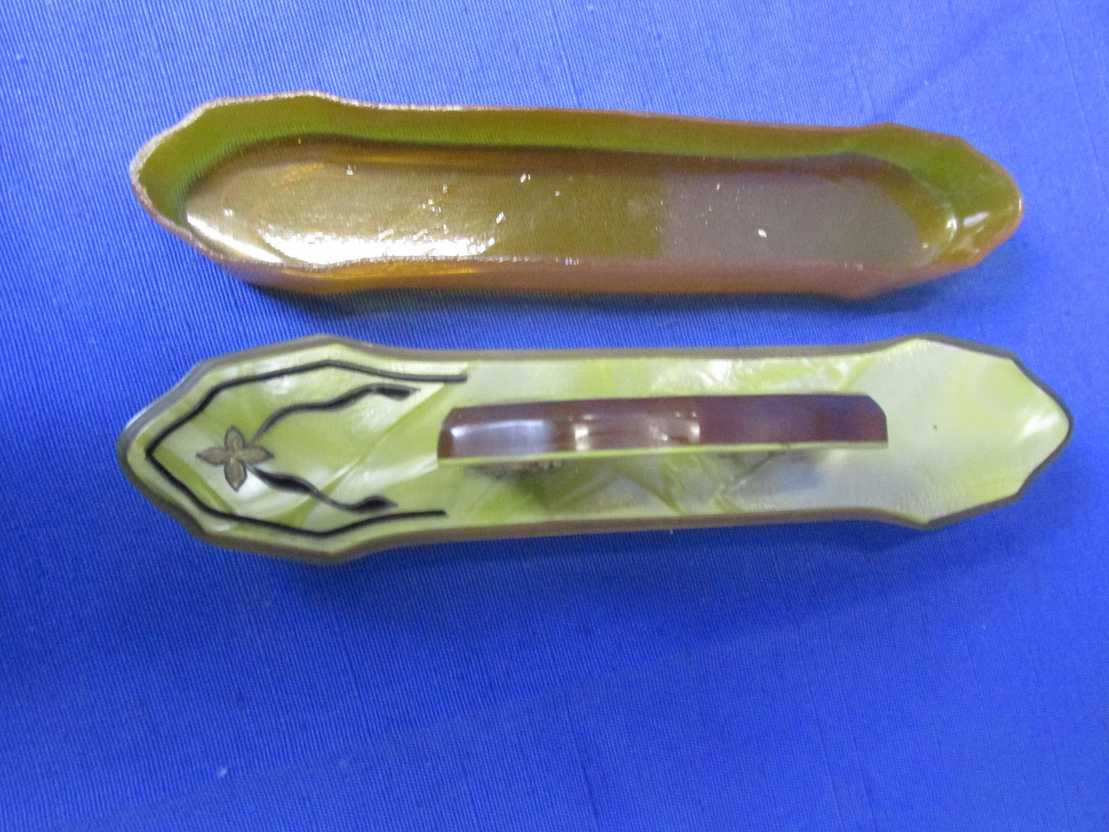 1930's Art Deco 6 Piece Pearlized Celluloid (Chartreuse) with carved & painted detail