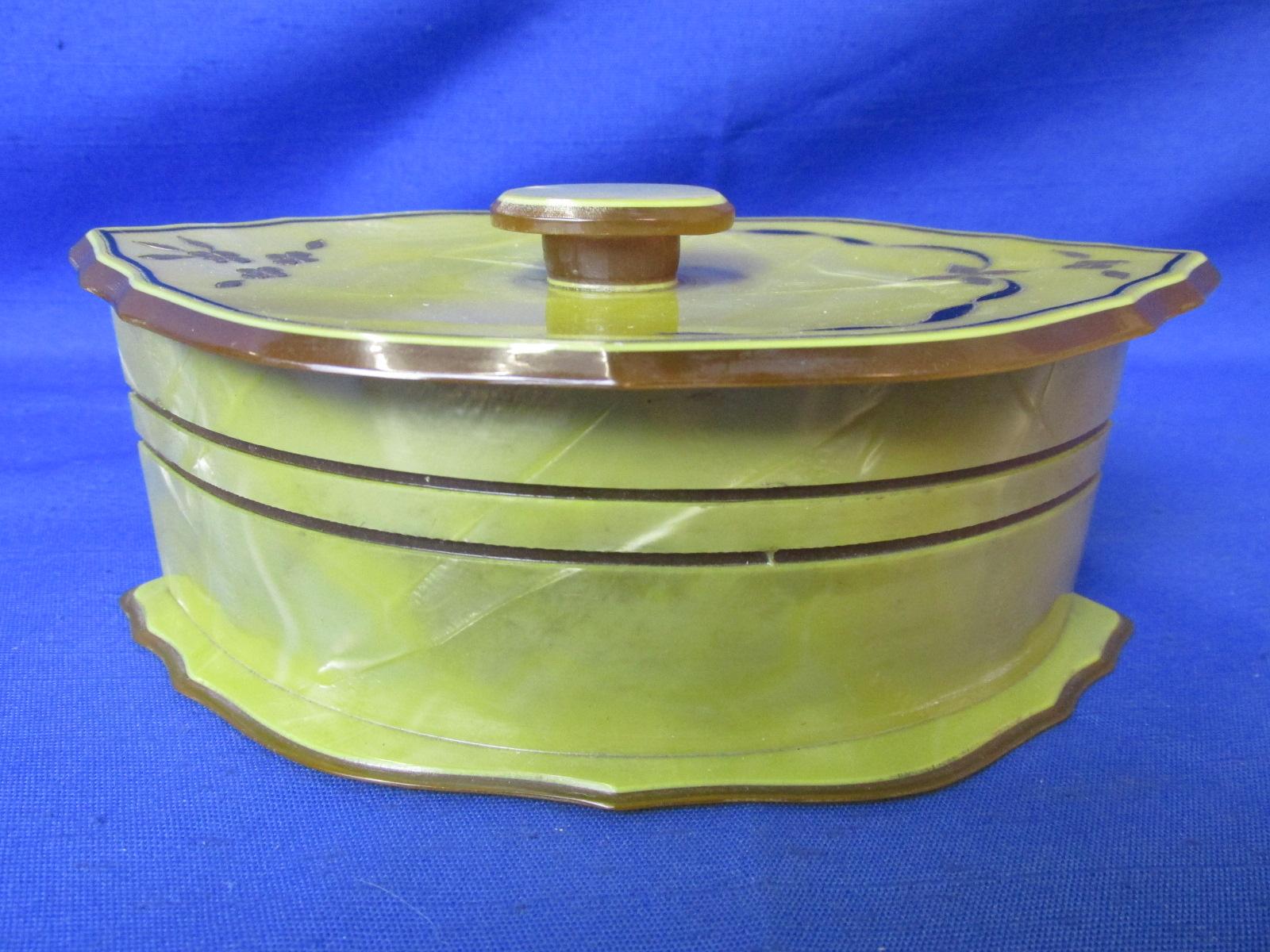 1930's Art Deco 6 Piece Pearlized Celluloid (Chartreuse) with carved & painted detail