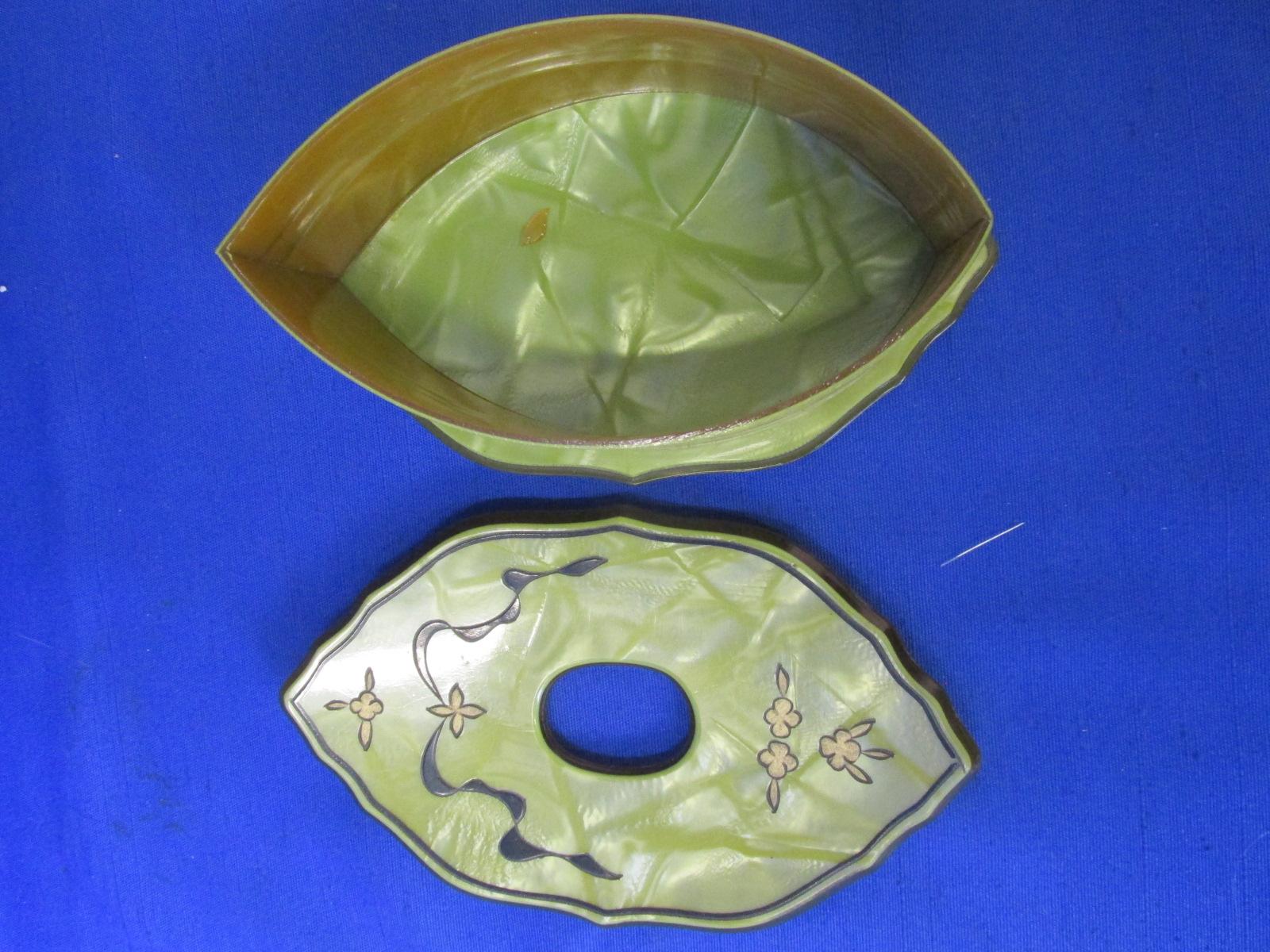 1930's Art Deco 6 Piece Pearlized Celluloid (Chartreuse) with carved & painted detail