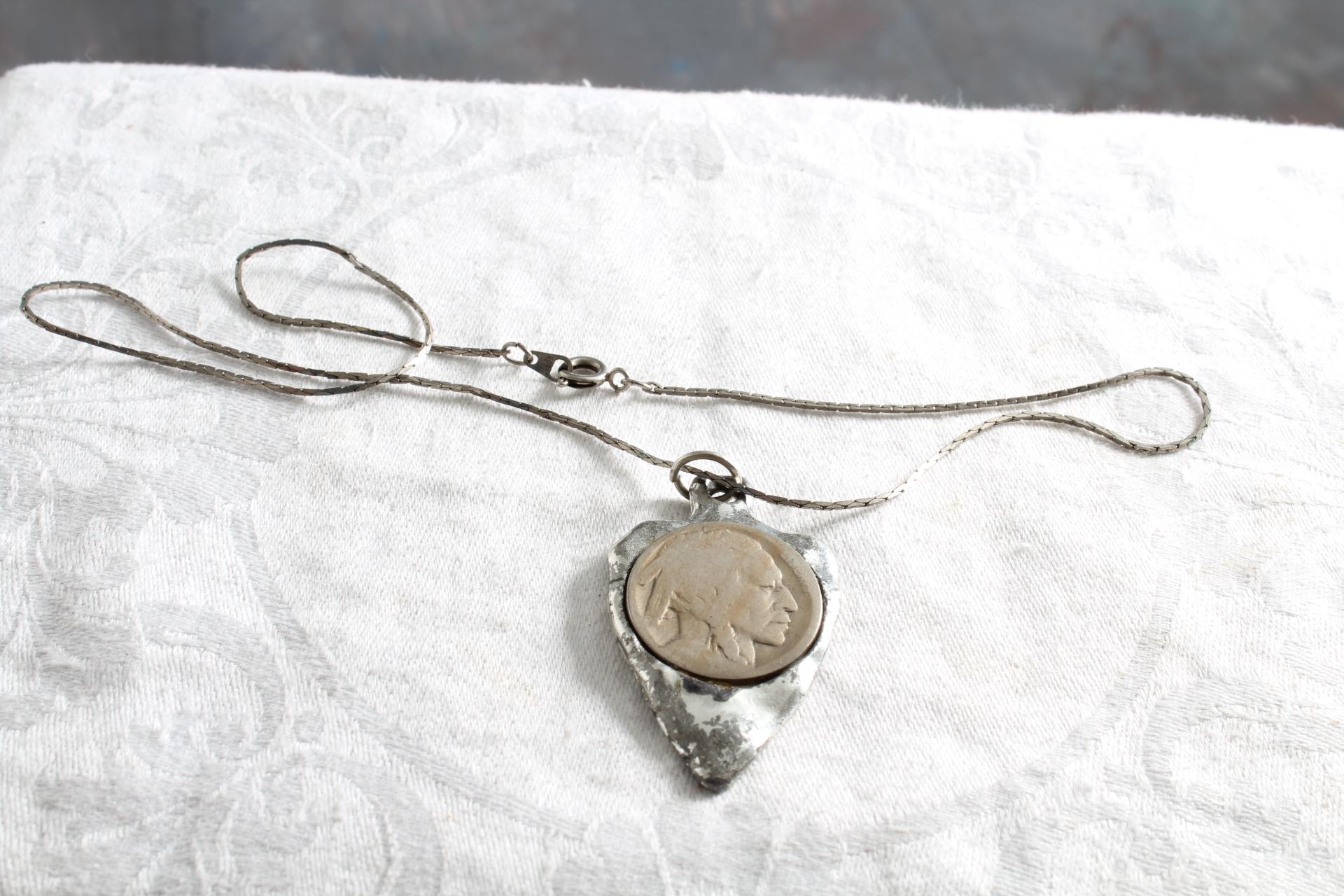 Arrowhead & Buffalo Nickle Necklace with Silvertone Chain