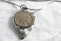 Arrowhead & Buffalo Nickle Necklace with Silvertone Chain