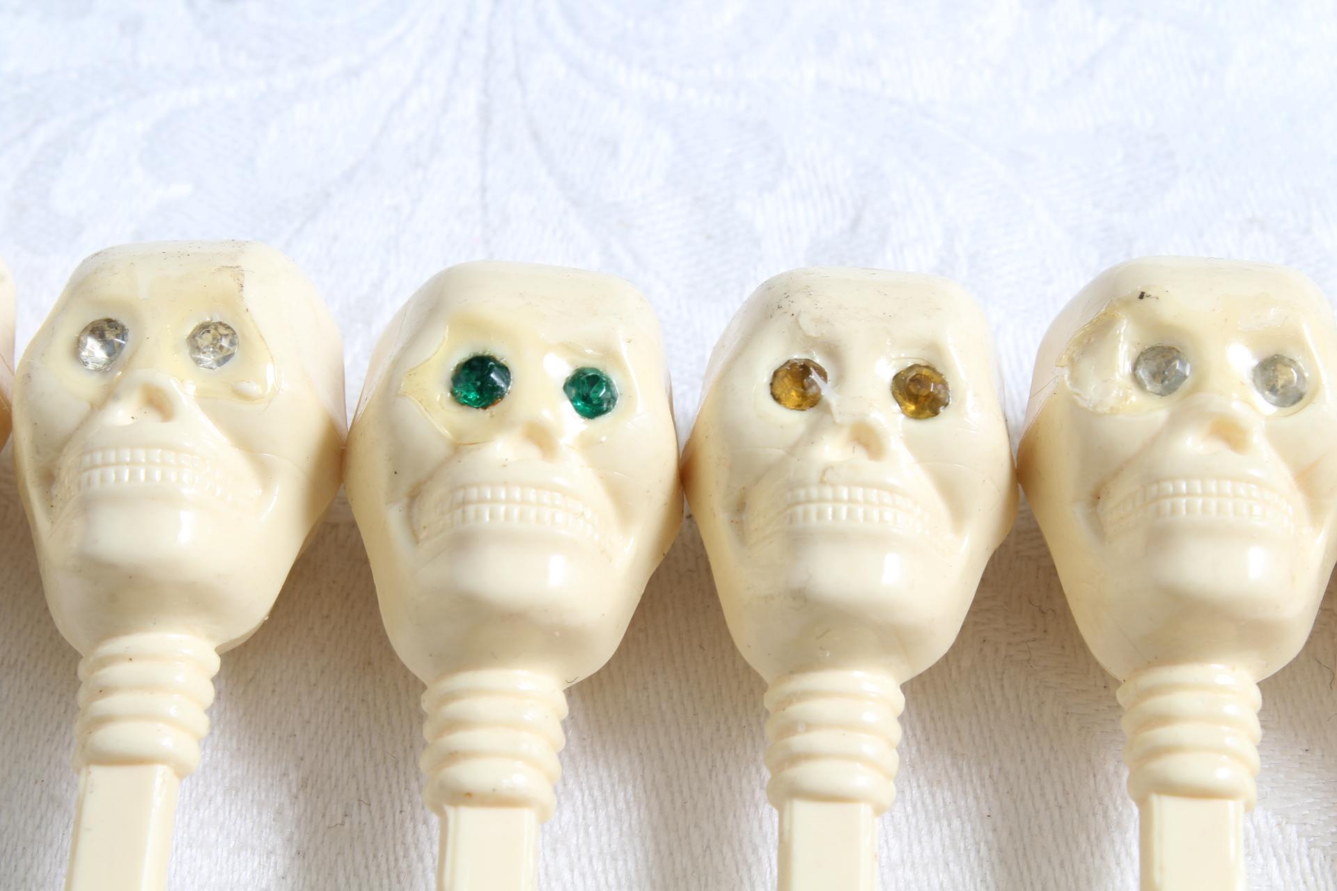 7 Vintage SKULL Skeleton Head with Rhinestone Eyes Swizzle Sticks