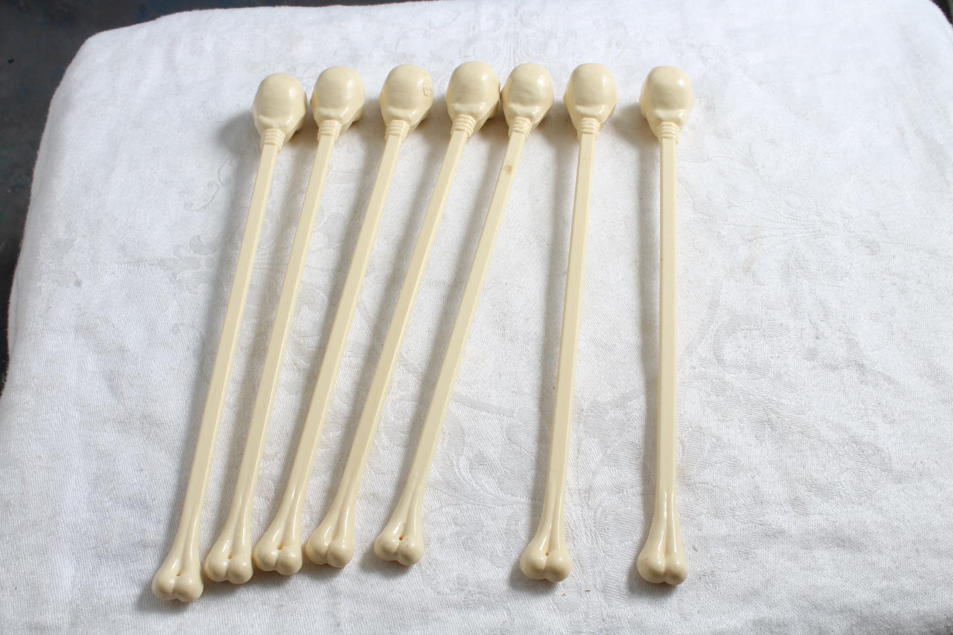 7 Vintage SKULL Skeleton Head with Rhinestone Eyes Swizzle Sticks