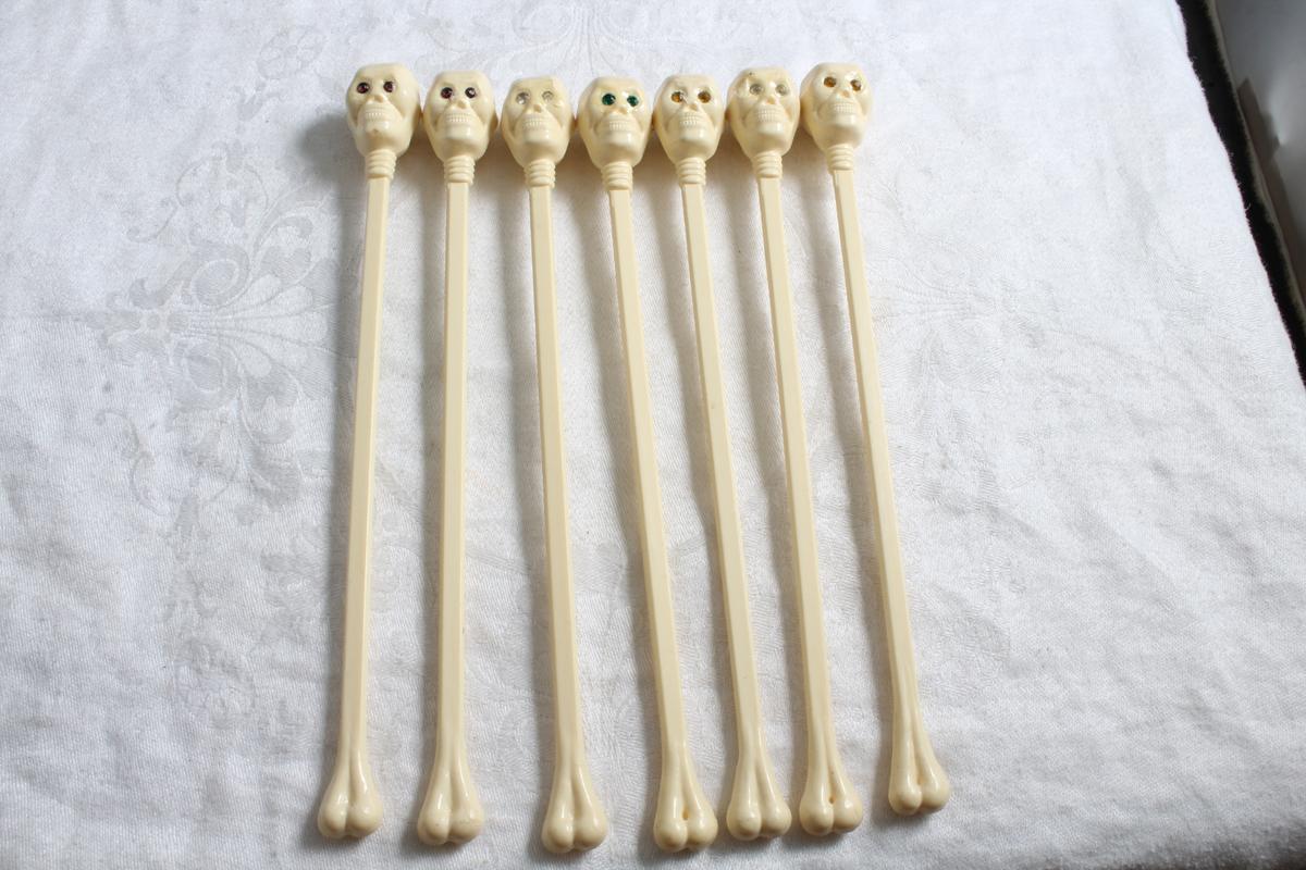 7 Vintage SKULL Skeleton Head with Rhinestone Eyes Swizzle Sticks