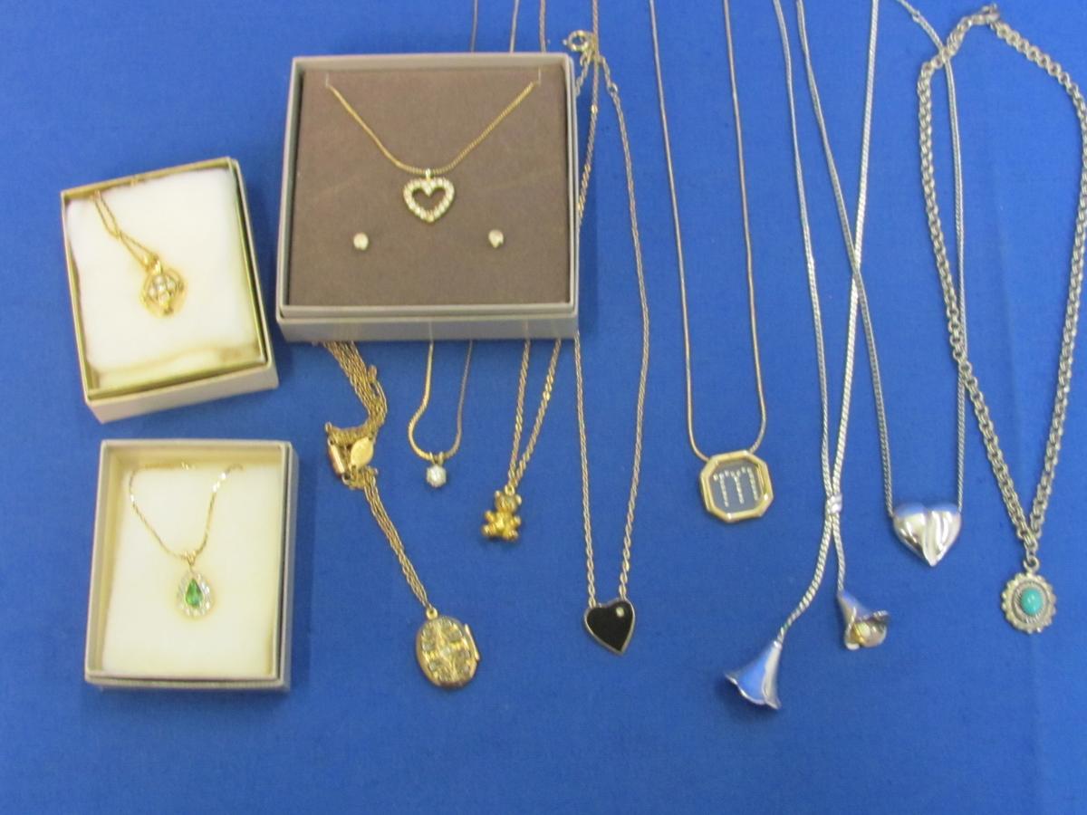 Lot of Delicate Chains & Pendants: 4 are Avon – Hearts, Rhinestones, Locket & more