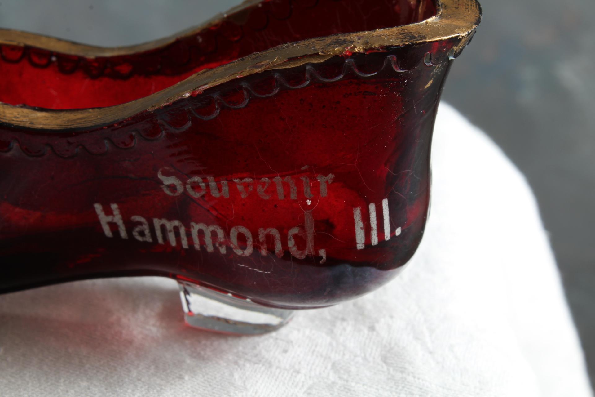 2 Early 1900's Ruby Flash Souvenirs Shoe Hammond, Illinois & Bedford, PA Pitcher