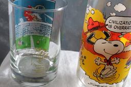 2 Cartoon Glasses 1971 Camp Snoopy & 1982 Arby's Sports Glass