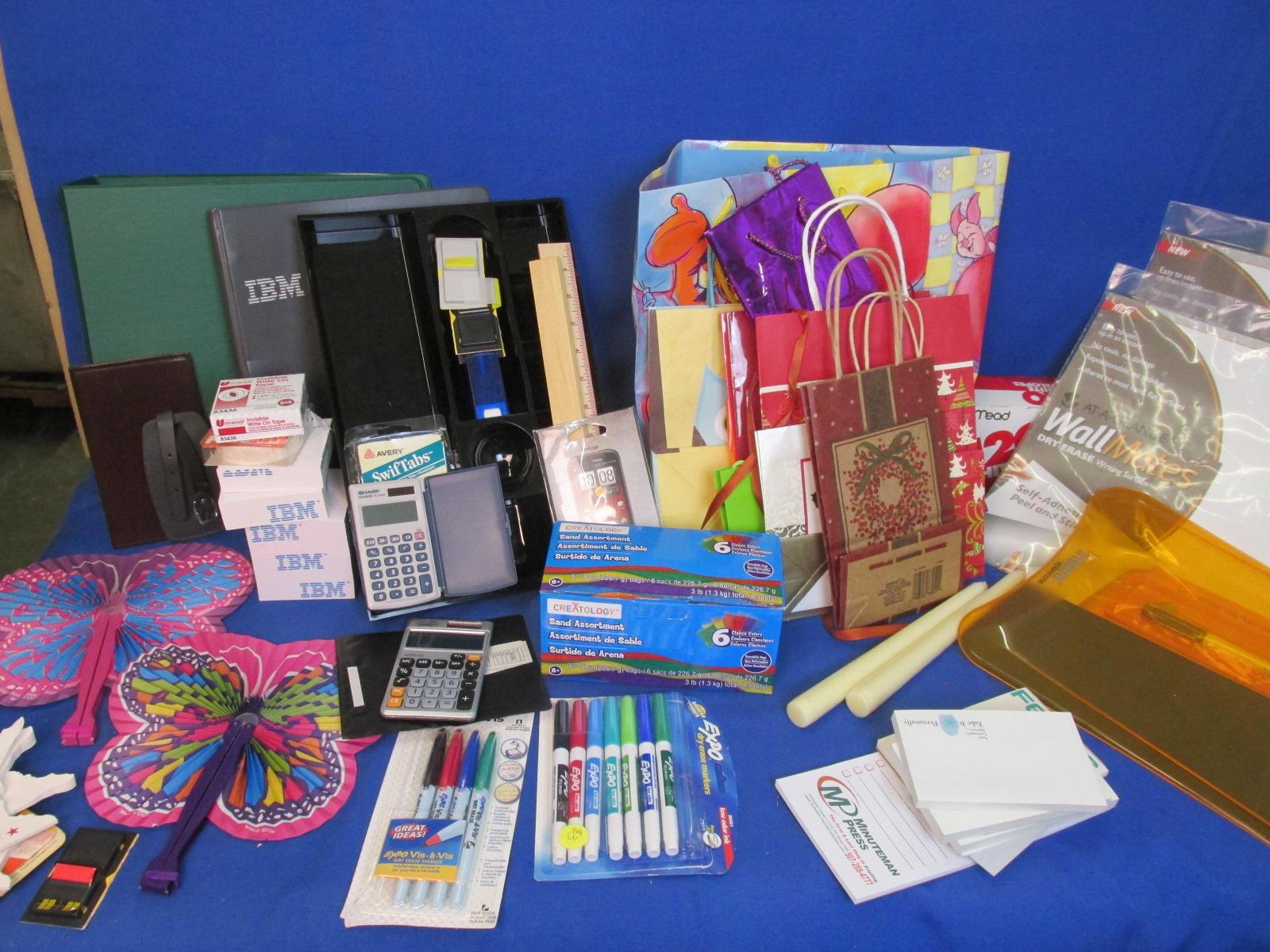 Box Lot of Assorted :Gift Bags, 2 Tapers, Craft Sand, Binders & Office Supplies