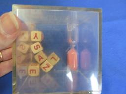 Box Lot of Games: Scrabble Cube, Barrel o Monkeys, Pick Up stix, Card Games &