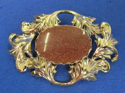 Vintage Goldstone Pin/Brooch in Original Box – Pin is 2 1/4” wide