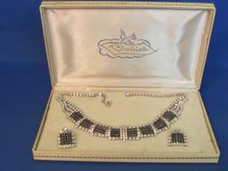 Black & White Rhinestone Necklace & Clip-on Earrings Set – Original “Bluebird” Case