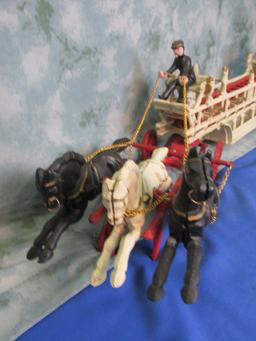 Cast Iron 3-Horse-drawn Fire Engine - Ladder Wagon : 3 Ladders, 2 Firemen 1 Dog