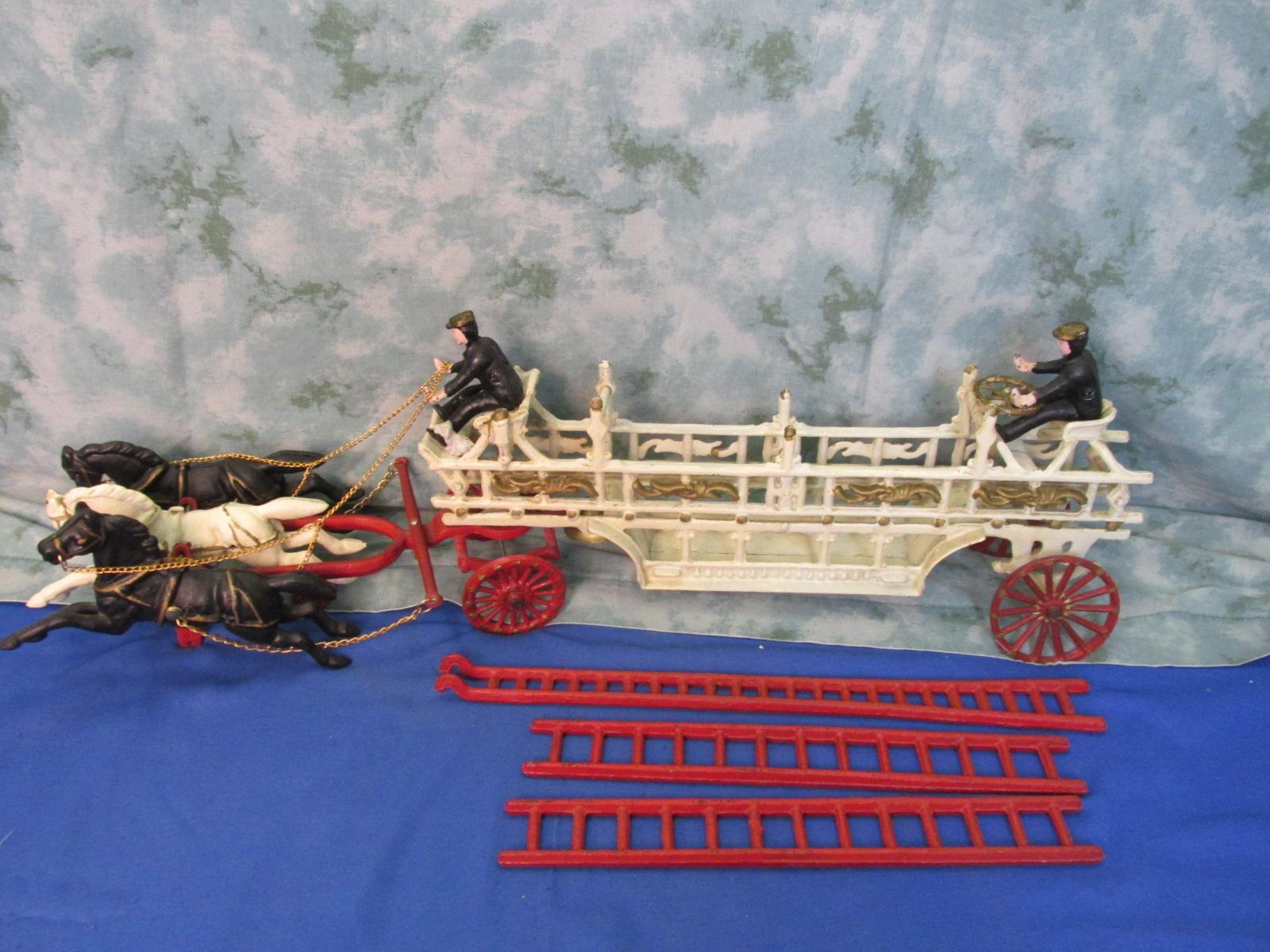 Cast Iron 3-Horse-drawn Fire Engine - Ladder Wagon : 3 Ladders, 2 Firemen 1 Dog