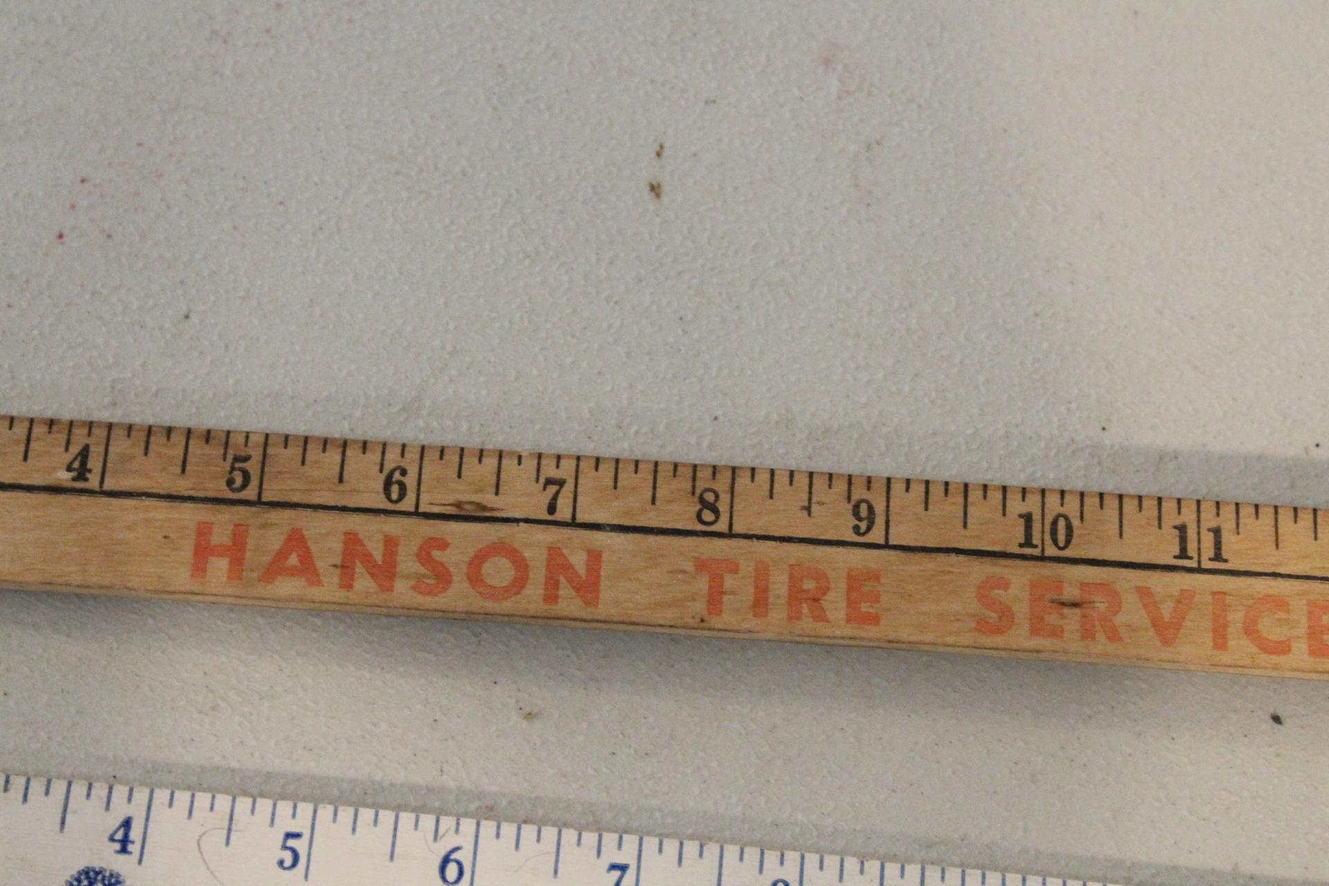 3 Vintage Advertising Yardsticks Hanson Tire Service, Northland Ford Store, and