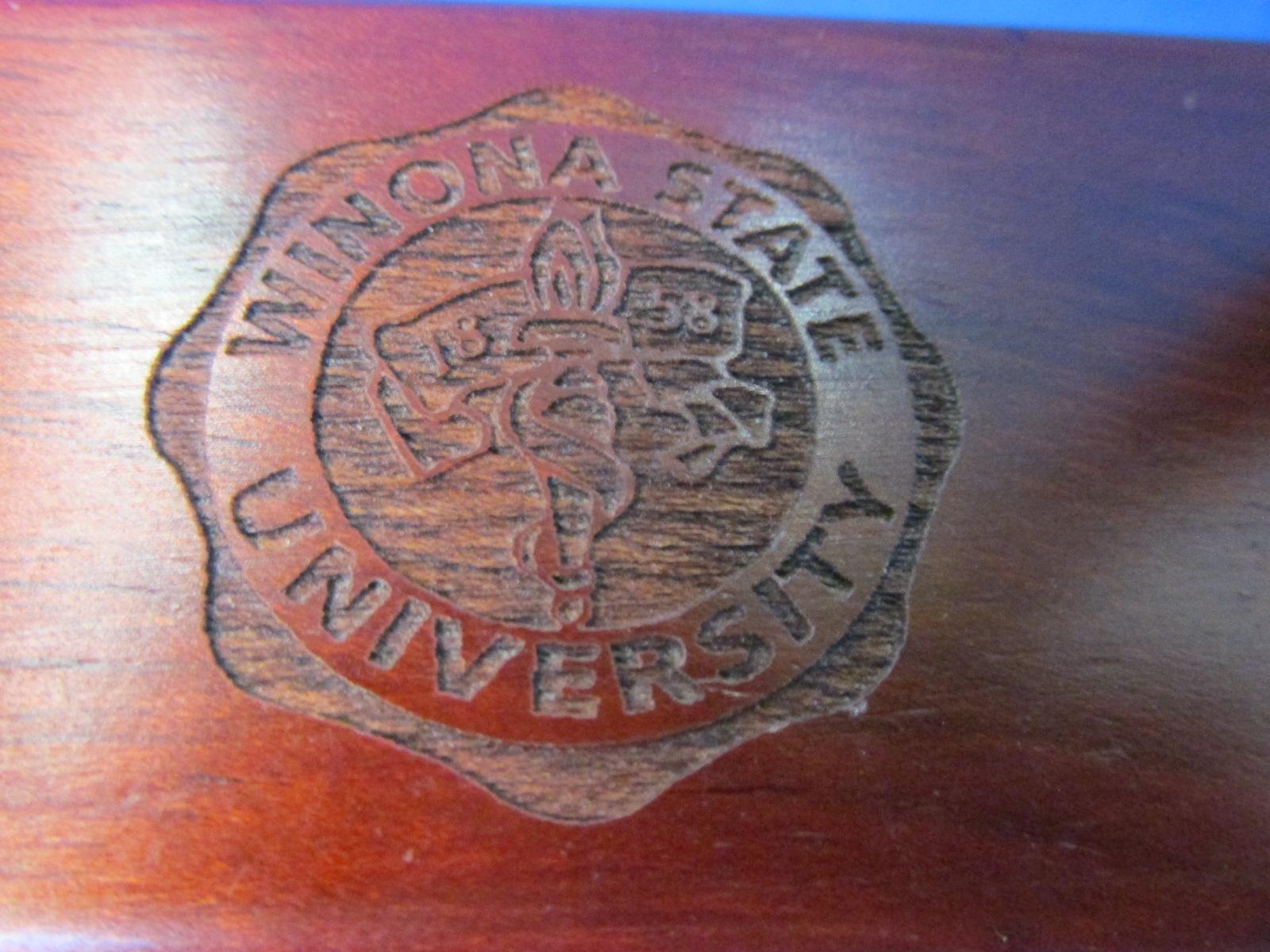 Laser Cut Exotic Wood Ball-point Pen & Matching Box/Desk Top Stand: Winona State U