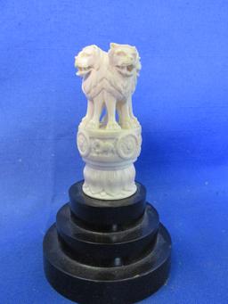 Oriental Art: Lion Capital of Ashkola Appx 4” Tall – Carved Figure 2 1/2” T on 3 tiered stand