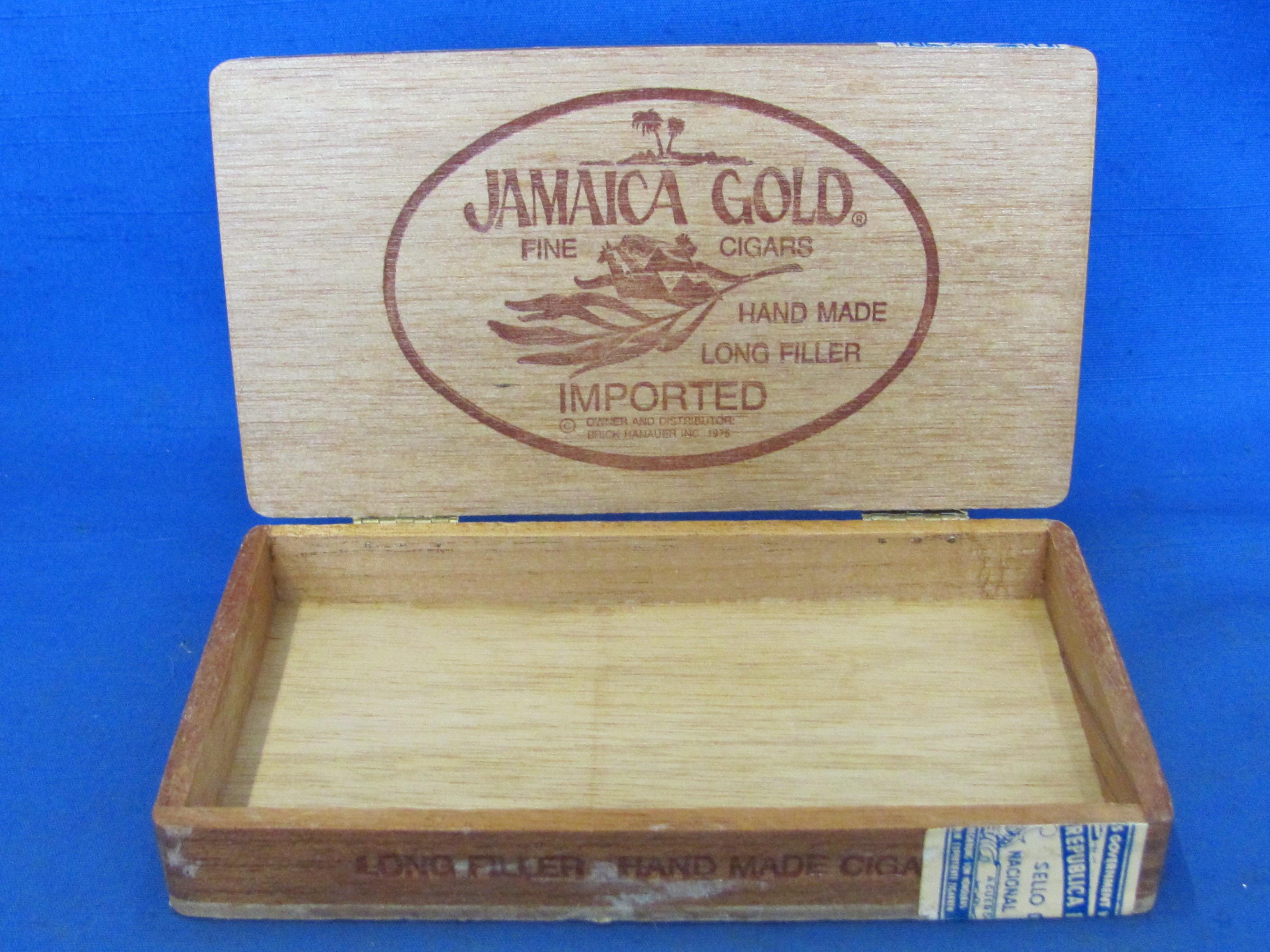 2 Wood Cigar Boxes – Antonio y Cleopatra is 12” x 7 1/4” - Jamaica Gold is 7” x 4”
