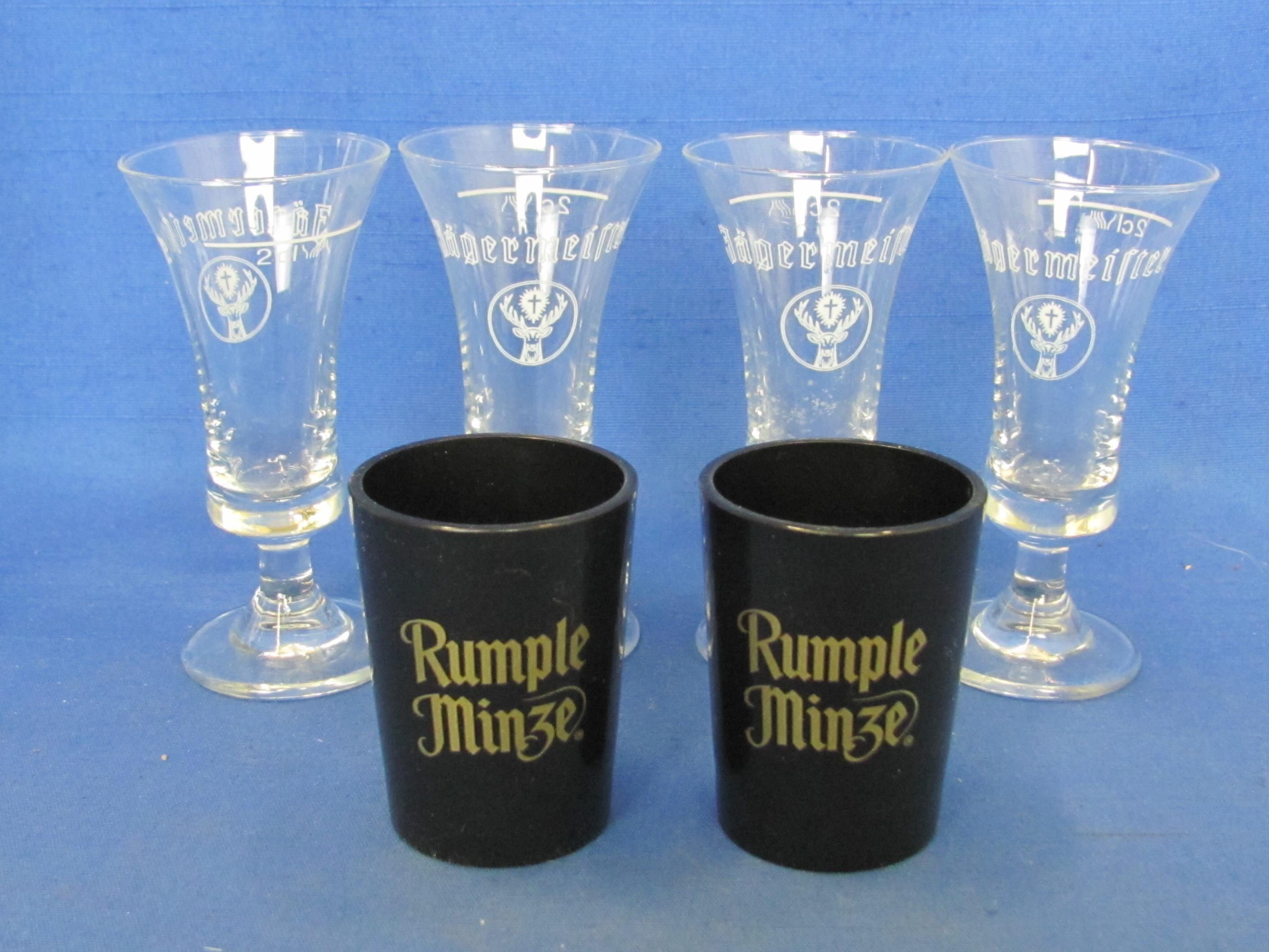 Set of 4 Jägermeister Footed Shot Glasses – 2 Rumple Minze w Opener in base