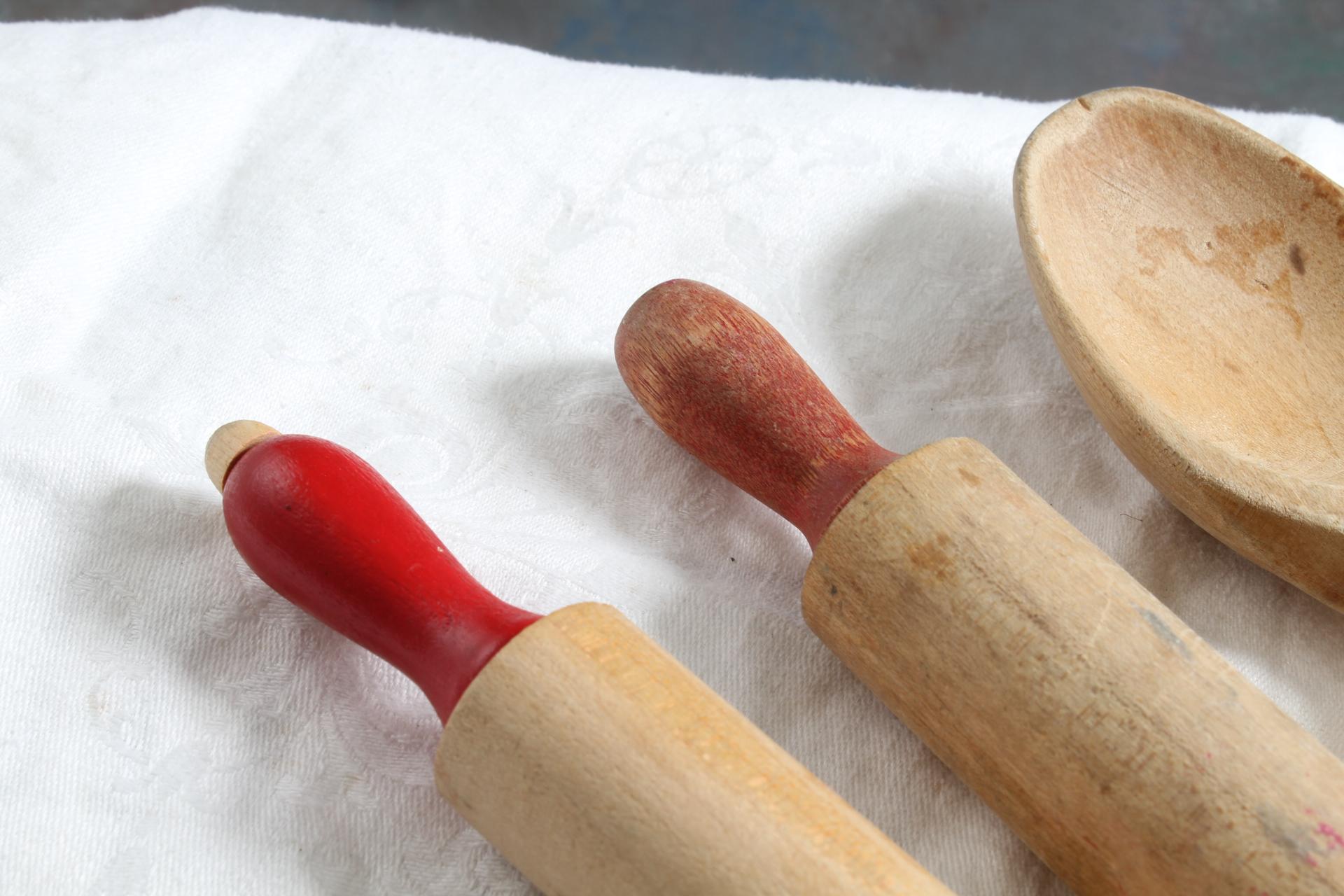 2 Wooden Children's Rolling Pins w/Red Handles & 1 Wooden Kitchen Spoon 9.5"