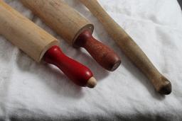 2 Wooden Children's Rolling Pins w/Red Handles & 1 Wooden Kitchen Spoon 9.5"