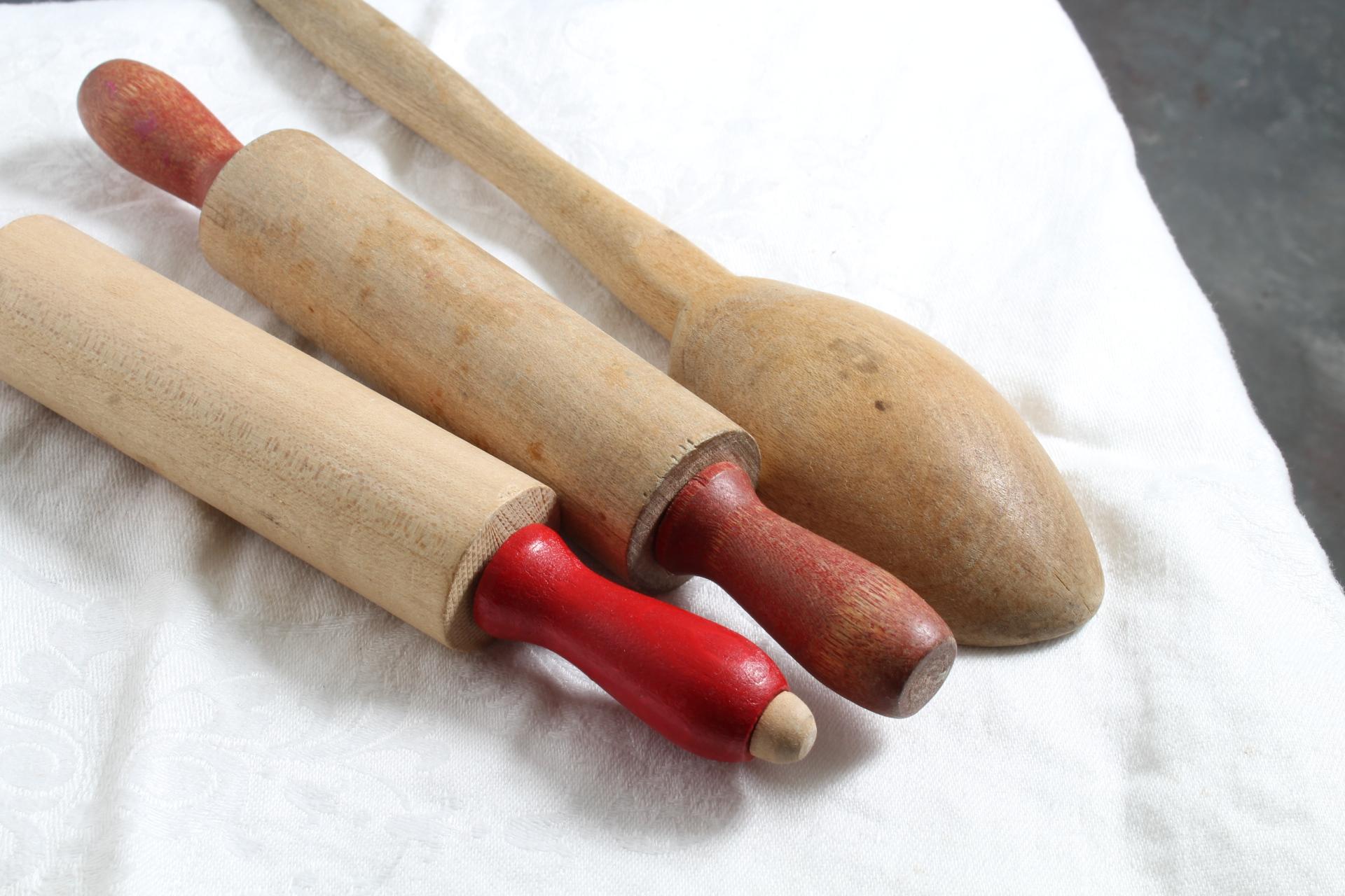 2 Wooden Children's Rolling Pins w/Red Handles & 1 Wooden Kitchen Spoon 9.5"